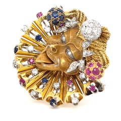 Mario Boschi 18k Gold + Plat 1.25 ct Diamond Jester Pendant-Brooch w/ Ruby + Sap
