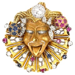 Mario Boschi 18k Gold + Plat 1.25 ct Diamond Jester Pendant-Brooch w/ Ruby + Sap