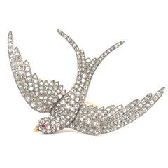 Platinum Topped Gold Victorian Swallow Brooch w/ Rose-cut Diamonds Weight: 17.1g