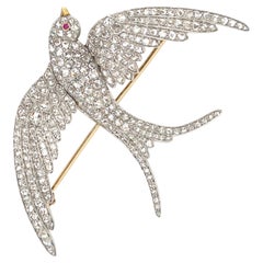 Platinum Topped Gold Victorian Swallow Brooch w/ Rose-cut Diamonds Weight: 17.1g