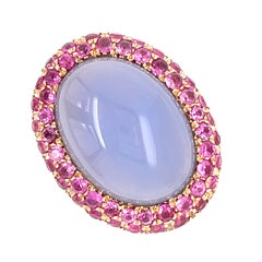 18k Rose Gold 12.9 ct Chalcedony Cabochon Ring with Pink Sapphire Accents Sz 6.5