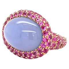 18k Rose Gold 12.9 ct Chalcedony Cabochon Ring with Pink Sapphire Accents Sz 6.5