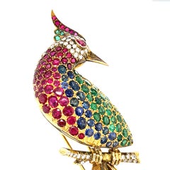 14k Yellow Gold Multi-Gem Bird Brooch Diamond, Emerald, Sapphire, Ruby