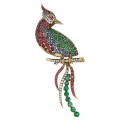 14k Yellow Gold Multi-Gem Bird Brooch Diamond, Emerald, Sapphire, Ruby