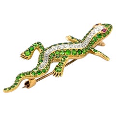 Broche Gecko en or 18k du 19ème siècle, grenat démantoïde, rubis et diamant