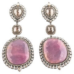 18k Gold Rhodium Oxidized Ruby with Single & Rose Cut Diamond Dangle Earrings