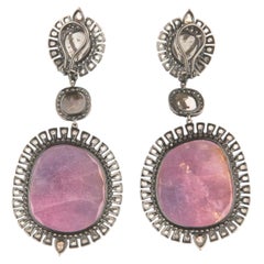 18k Gold Rhodium Oxidized Ruby with Single & Rose Cut Diamond Dangle Earrings