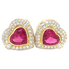 18k Yellow Gold Heart-shaped 13.45ct Rubellite, 2.25ct Diamond Earring Clips 23g