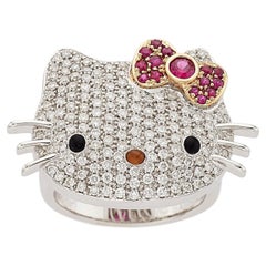 Kimora Lee Simmons 18k White Gold Hello Kitty Diamond Plaque Ring w/ Ruby Sz 7