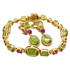 18k Yellow Gold Peridot Tourmaline Bracelet Earring Set w/ 1.61 ct Diamonds