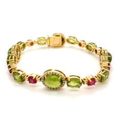 18k Yellow Gold Peridot Tourmaline Bracelet Earring Set w/ 1.61 ct Diamonds