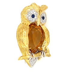 18k Yellow Gold Citrine Diamond Owl Brooch by Il Sigillo Gioielli D'Arte Italy