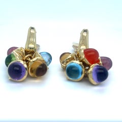 18k Yellow Gold Multi-Gemstone Cabochon Acorn Cluster Drop Clip-On Earrings