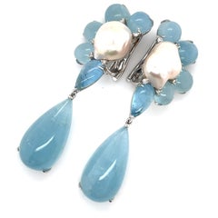 18k White Gold Baroque Cultured Pearl, Aquamarine and Diamond Pendant Earrings