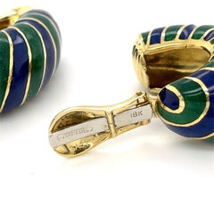 David Webb 18k Yellow Gold Blue and Green Enamel Huggie Earrings Gorgeous!