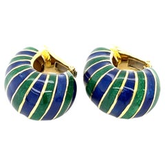 David Webb 18k Yellow Gold Blue and Green Enamel Huggie Earrings Gorgeous!