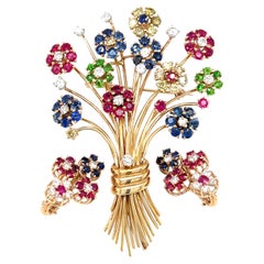 14k Gold Gem-set Flower Bouquet Brooch and Ear Clips w/ 3.42 ct Diamonds 33 gram