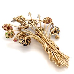 14k Gold Gem-set Flower Bouquet Brooch and Ear Clips w/ 3.42 ct Diamonds 33 gram