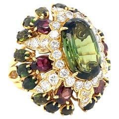 18k Gold 8.75ct Peridot, 5.60ct Tourmaline, 1.9ct Diamond Ring Size 8 1/4