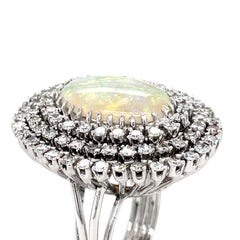 14K White Gold Opal Cabochon & 6 ct Diamond Bezel Cocktail Ring Size 9