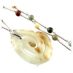 14k Yellow Gold Carved Jade Pendant w/ Various Jade Beads 22" Long