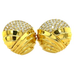 18k Yellow Gold Round Ear Clips W/Full-Cut Diamonds By Jose Hess