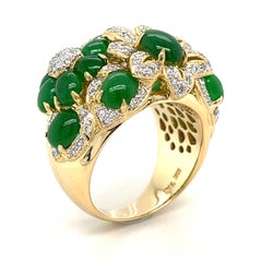 18k Gold Oval Jadeite Jade Cabochon Floral Ring w/ 0.5 ct Diamond Size 6.75