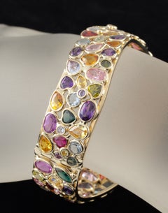 18k Yellow Gold Multi-Colored Gemstone Bangle Bracelet! Gorgeous Piece!