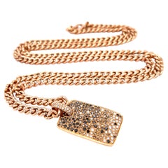 18K Rose Gold 3 ct Diamond Cobblestone Dog Tag Pendant w/ 32" Cuban Link Chain
