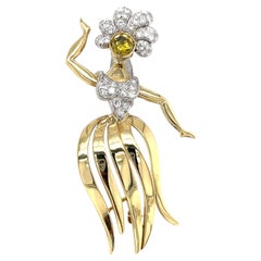 18k Two-Tone Gold Vintage Hula Dancer Brooch w/ Irradiated Diamond