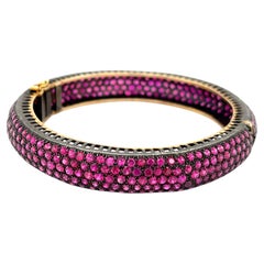 14K Yellow Gold Antiqued Bangle Bracelet w/ 36 cts of Pave Set Rubies 7.5"