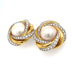 Charles Turi 18k Gold + Platinum Mabe Pearl 3.3ct Diamond Ear Clips 1-3/16" 36g