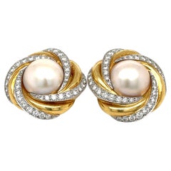 Charles Turi 18k Gold + Platinum Mabe Pearl 3.3ct Diamond Ear Clips 1-3/16" 36g