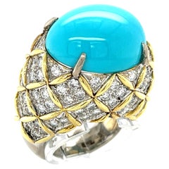 18K Two-Tone Gold Turquoise Cabochon Ring 5.25 CT Diamond Accents Size 7.75