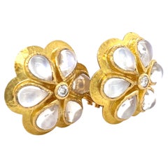 Elizabeth Locke 19k Gold Moonstone Daisy Earrings 0.20 ct Diamond Accents