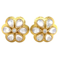 Elizabeth Locke 19k Gold Moonstone Daisy Earrings 0.20 ct Diamond Accents