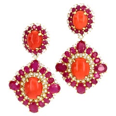 Unique 18k Yellow Gold Coral, Ruby, and Diamond Drop Stud Earrings