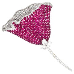 Gorgeous 18k White Gold Ruby and Diamond Floral Brooch 11.50 CTW