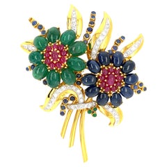 18k Gold Emerald, Sapphire, Ruby and Diamond Floral Brooch 2-5/8" x 2" 31.2g