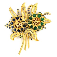 18k Gold Emerald, Sapphire, Ruby and Diamond Floral Brooch 2-5/8" x 2" 31.2g