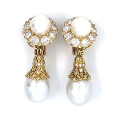 18k Yellow Gold Convertible "Day/Night" Cultured Pearl Ear Clips 3.50 ct Dia