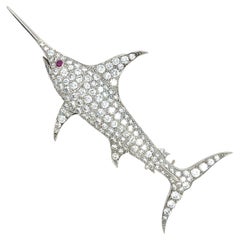 Platinum Swordfish Brooch w/ 5.25 ct Diamond and 0.05 ct Ruby Eye 11.90g
