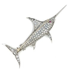 Platinum Swordfish Brooch w/ 5.25 ct Diamond and 0.05 ct Ruby Eye 11.90g