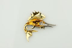 Rondette 18k Yellow Gold Sailfish Brooch Diamond Blue Enamel and Sapphire
