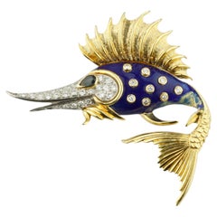 Rondette 18k Yellow Gold Sailfish Brooch Diamond Blue Enamel and Sapphire