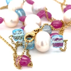 18k Yellow Gold Cultured Pearl and Multi-Gem Beaded Strand Necklace 40" 51.3g