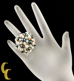 Zucht-Süßwasserperle, Opal-Kuppel, Cocktailring aus 18-karätigem Gelbgold, Größe 8,5