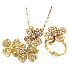 18K Yellow Gold Clover Jewelry Set Ring, Earrings, Necklace 2.55 ctw