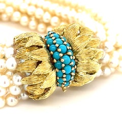 Bracciale in oro giallo 18 carati con chiusura in turchese e 10 fili di perle, 7,5” 74,7 g