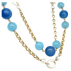 18k Gelbgold Einzigartige gefärbte Chalcedon und kultivierte Perle Strang Halskette 36"